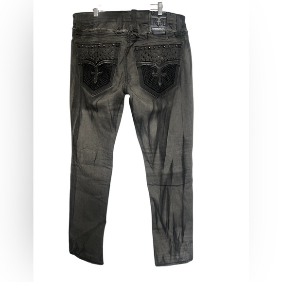 Rock Revival Armory Biker Faded Gray Distressed Embellished Jeans - Picture 5 of 17